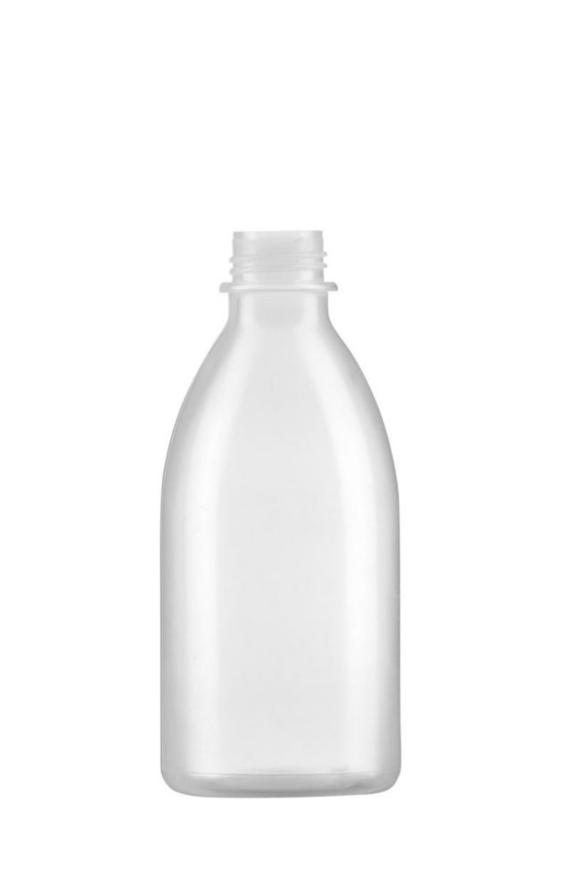 Fles 250 ml, LDPE, Nauwmonds, Helder, schroefdraad DIN 25, zonder dop