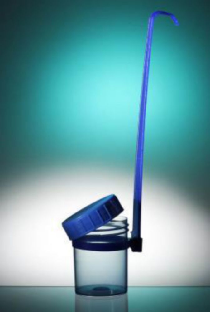 Monsternemer 125 ml, blauw PP, met afneembare handel, met blauwe schroefdop, bestraald