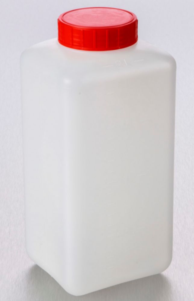Fles 2000 ml, HDPE, Vierkant, Ø 58 mm, Wijdmonds, Wit, Gemonteerd, met rode dop, Steriel
