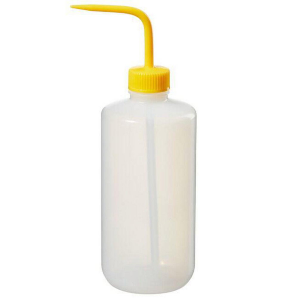 fles zonder inhoud, plastic fles, gele tuit, dispensenkop, lege fles