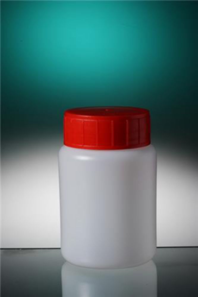 Fles 100 ml, HDPE, Ø 37 mm, Rond, Gemonteerd, met blauwe dop verzegeld