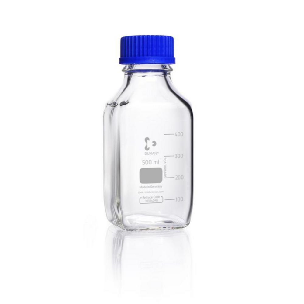 Fles 500ml, Vierkant, BORO 3.3, Nauwmonds, Helder, GL45, met dop