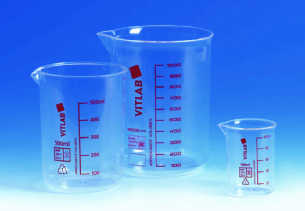 Beker 100 ml, PMP verd. 10 ml  hoogte 70 mm, rood grad.