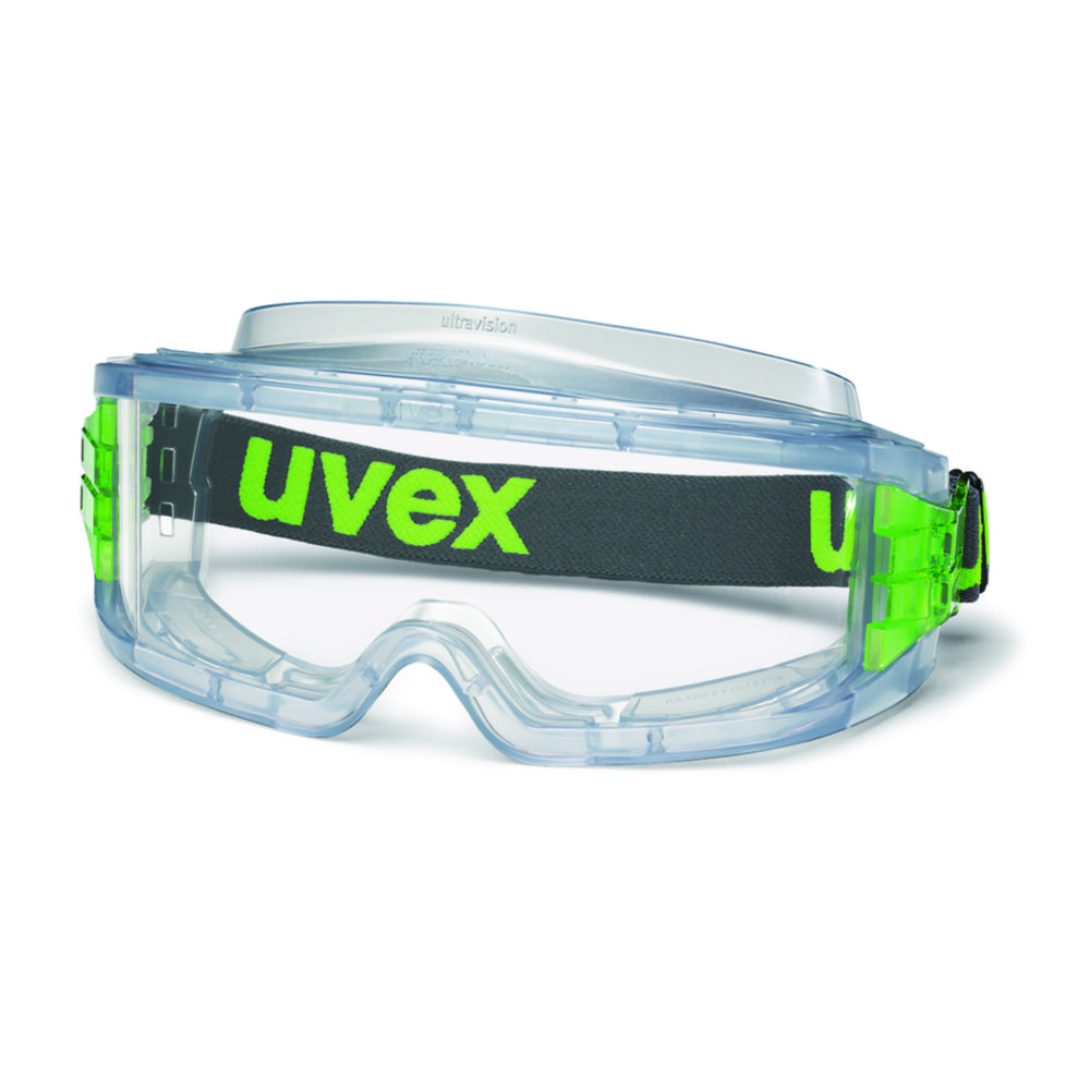 bril, bescherming voor ogen, heldere lens, neongroen, band met logo