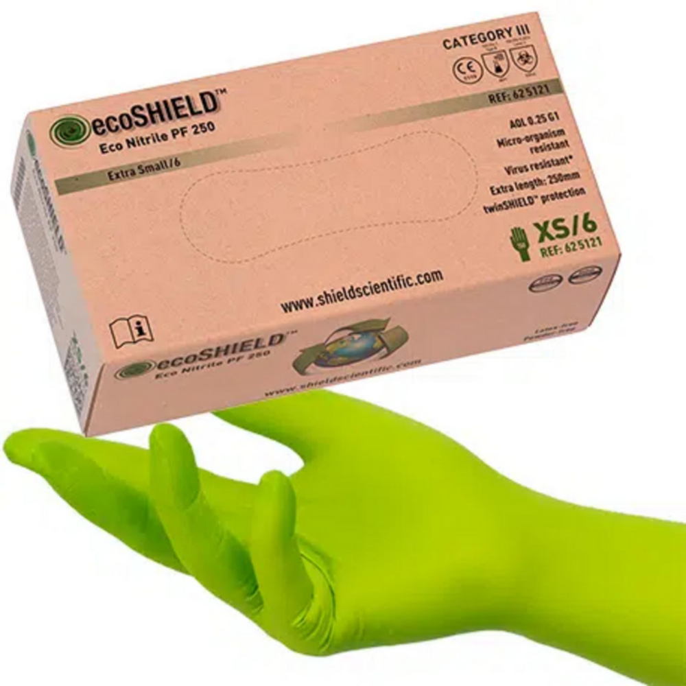 Handschoenen, Nitril, maat M, 250 mm, ecoSHIELD Eco Nitrile PF 250, poedervrij, groen