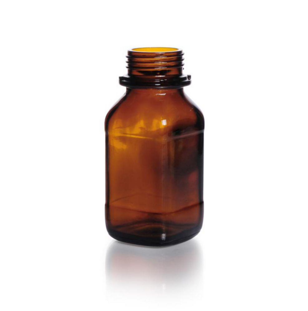 Fles 250ml, Vierkant, Natronkalkglas, Wijdmonds, Amber, GL45K, zonder dop