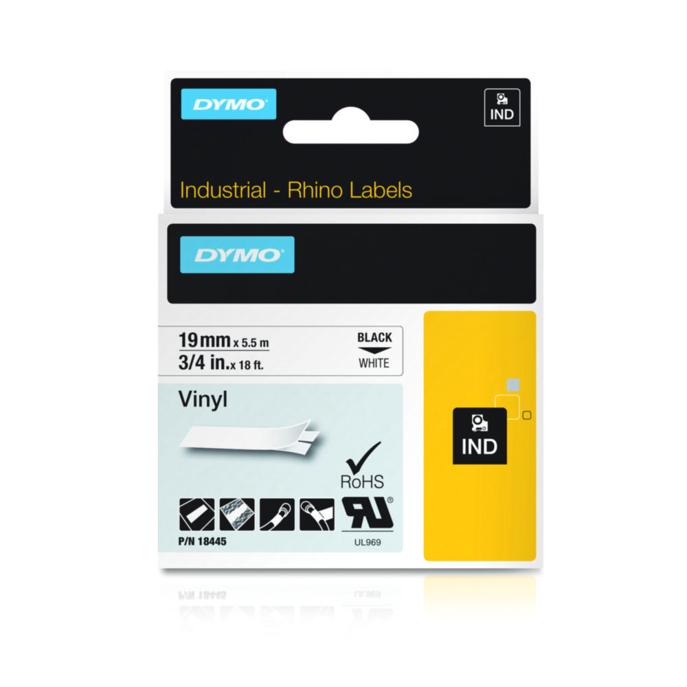 IND-Tape voor DYMO Rhino, 19mm x 5,5m, gekleurd vinyl, zwart op wit