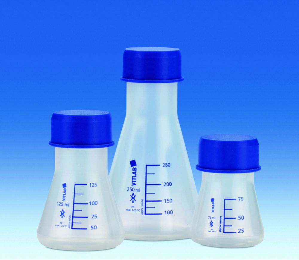Erlenmeyer-flessen, laboratoriumglaswerk, voorzien van blauwe doppen, plastic deksels, mL-maatvoeringen