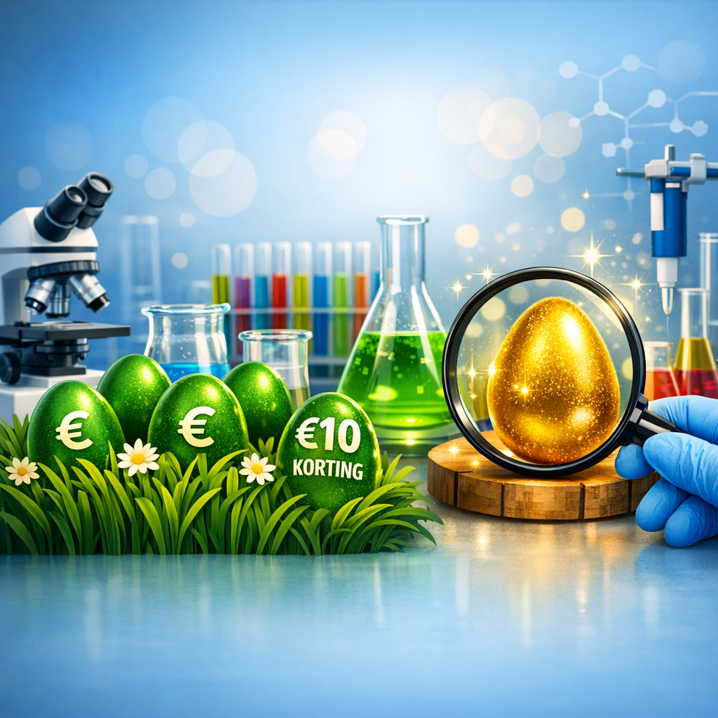 groene eieren, €10 korting, laboratorium, microscoop, gouden ei