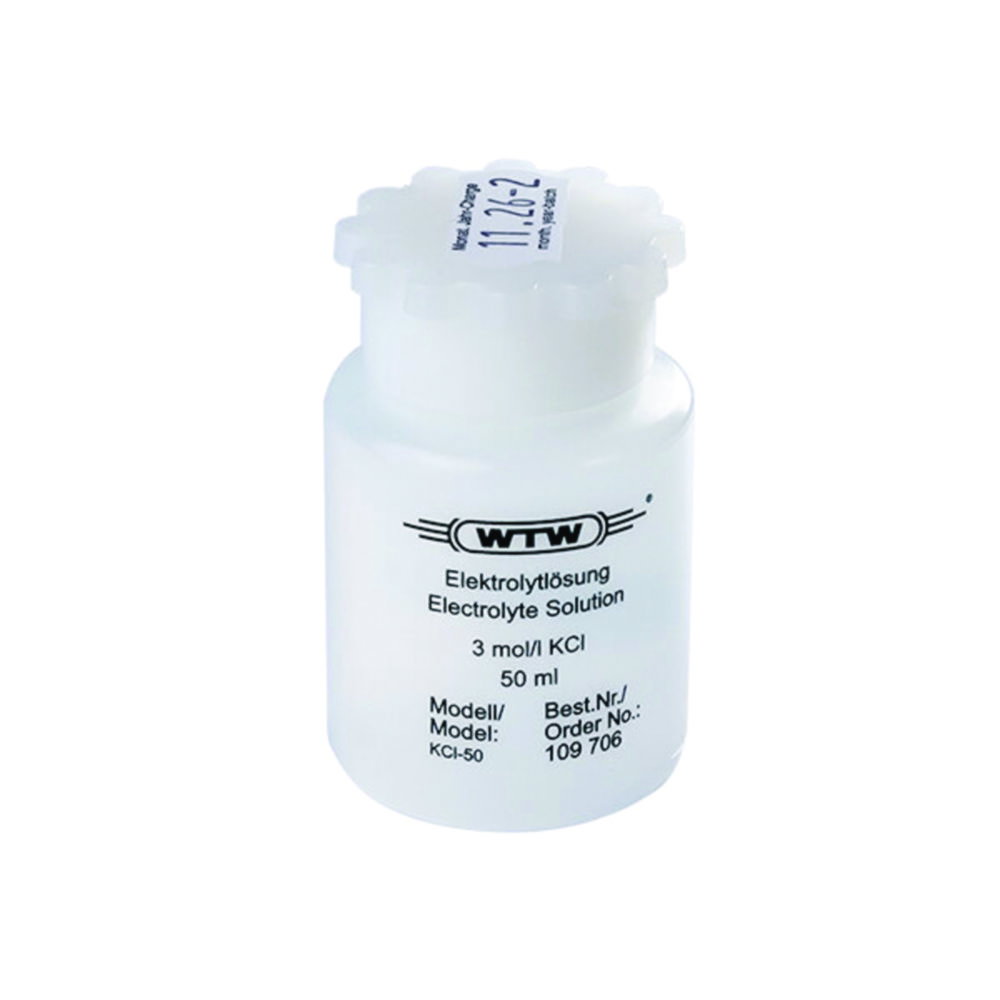 oplossing elektrolyten, KCl, 50 ml, chemische fles, laboreagent