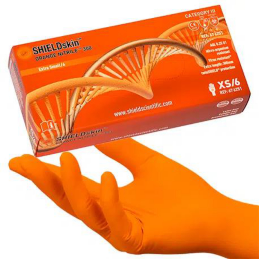Handschoenen, Nitril, maat L, 300 mm, SHIELDskin ORANGE NITRILE 300, poedervrij, oranje