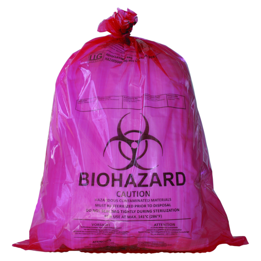Vernietigingszakken 910x1150 mm, PP rood, 50 µm, max 134°C Biohazard-opdruk en steriliteitsindicator