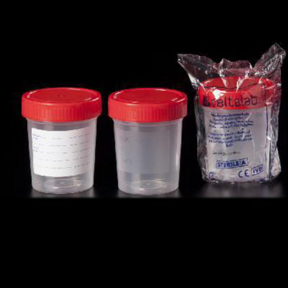 Beker, 125ml, polypropyleen, graduering tot100ml, rood schroefdeksel, steriel