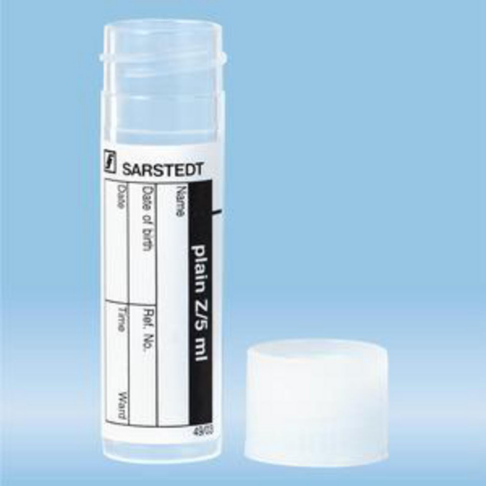 Buis 5 ml PP, 57 mm, Ø 16,5 mm  vlakke bodem met dop, met schr