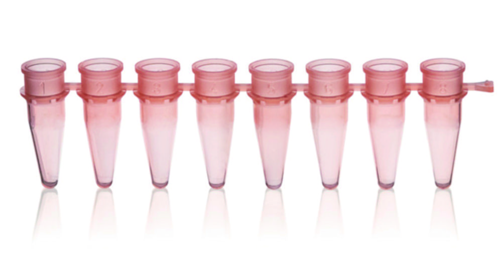 PCR-strips 8 x 0,2 ml, PP, zonder snapcaps, roze