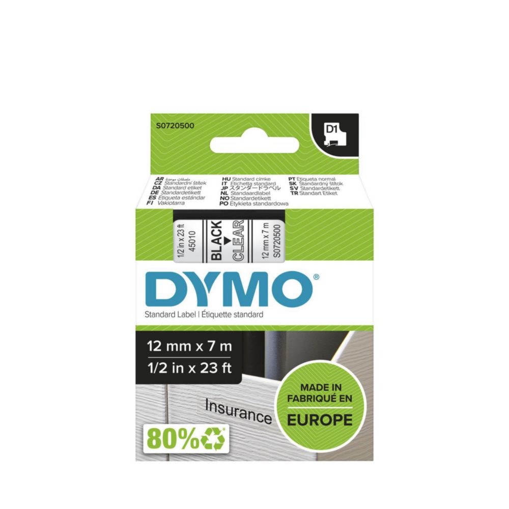 Labeltape DYMO D1-Tape, 12mm x 7m, zwart op transparant