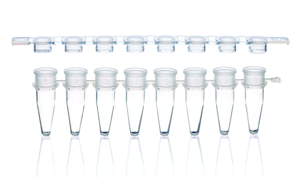 PCR-strips 8 x 0,2 ml, PP, losse vlakke snapcapstrips, transparant