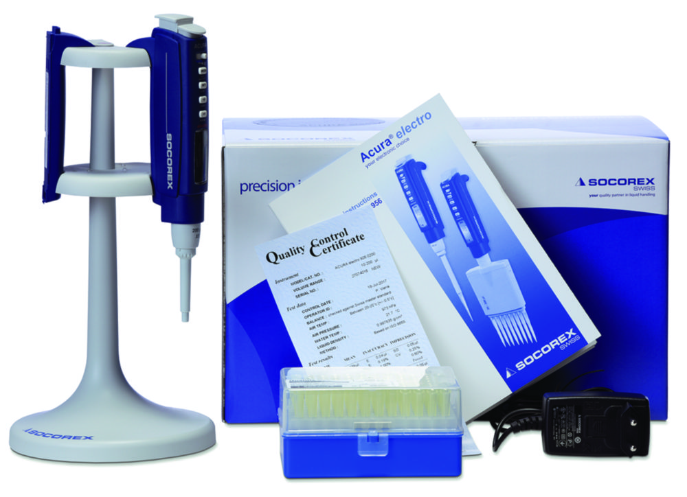 Startpakket microliterpipetten Acura electro XS 926, 0,5 - 10 µl, met o.a. netadapter en pipettips