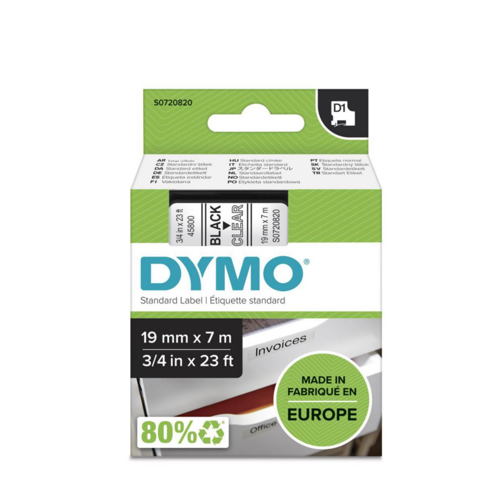 Labeltape DYMO D1-tape, 19mm x 7m, zwart op transparant