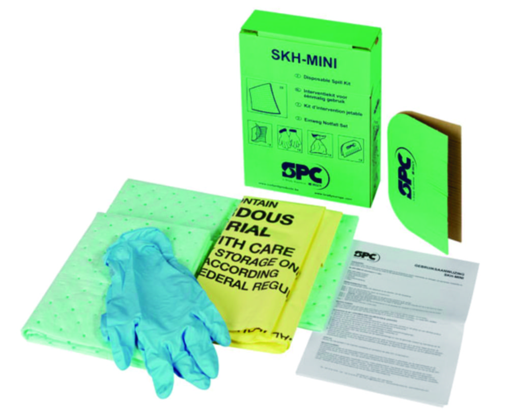 Spill Kit chemie, SPC, 2 doeken, handschoenen, afvalzak, borstel, instructieblad, Spillkit