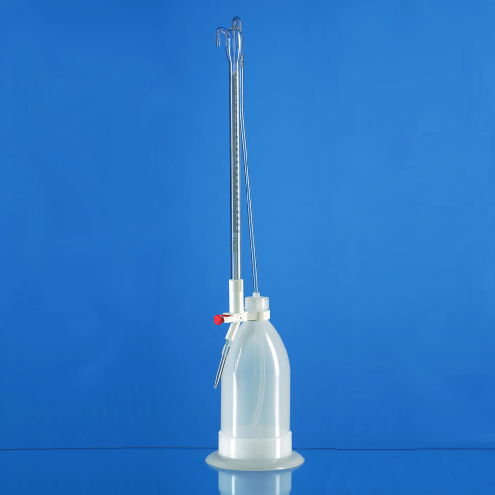 Buret automatisch, 10:0,05 ml, volgens Schilling, klasse B, borosilicaatglas 3.3, met PE-fles