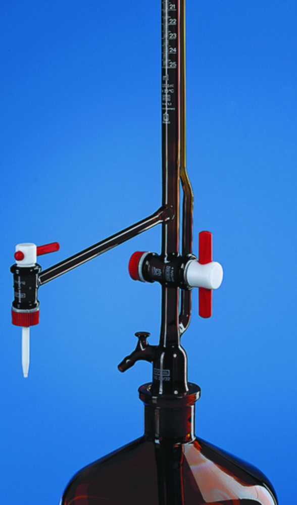 Buret automatisch, 50:0,1 ml, volgens Pellet, klasse B, borosilicaatglas 3.3, tussenstopkraan, amber