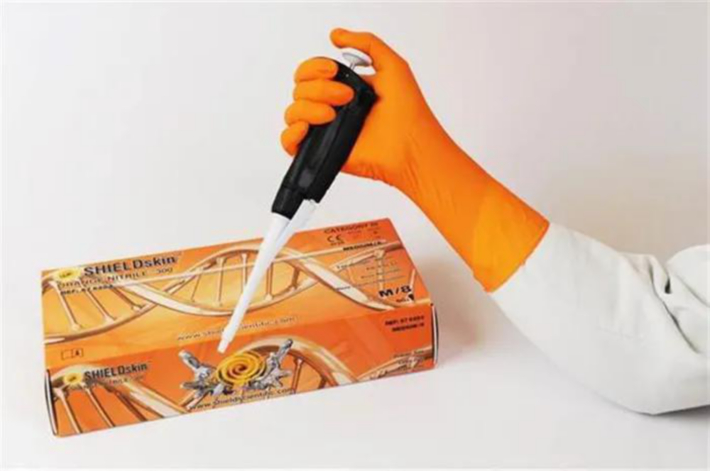 Handschoenen, Nitril, maat M, lengte 300 mm, SHIELDskin ORANGE NitrilE 300, poedervrij, oranje