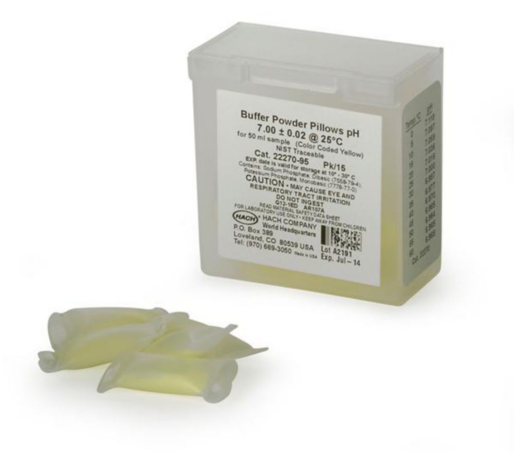 Bufferoplossing pH 7,00 +/- 0,02 bij 25°C, Poederkussens 15 stuks a 50ml, geel, NIST