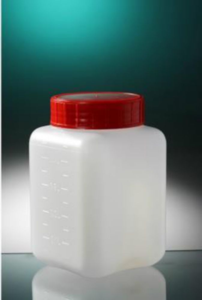 Fles 500 ml, HDPE, Vierkant, Ø 58 mm, Wijdmonds, Wit, Gemonteerd, met rode dop vormsluiting, Steriel