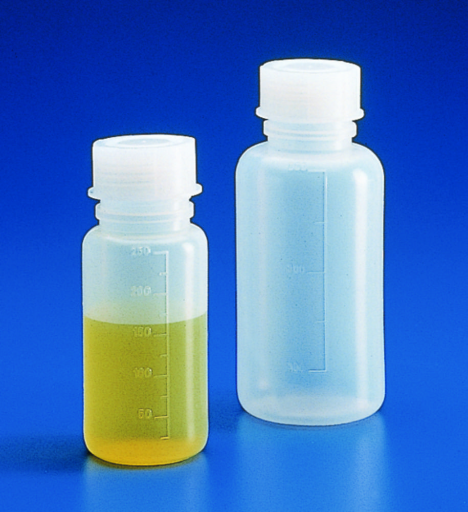 Fles 250:25 ml, PE wijdmonds  met PP schroefdop GL45