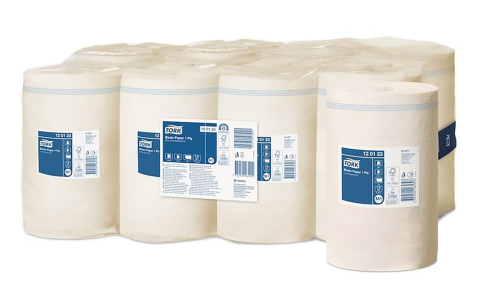 Poetsrol 1-laags, wit, M1  215 mm x 120 m, Centerfeed, Ad