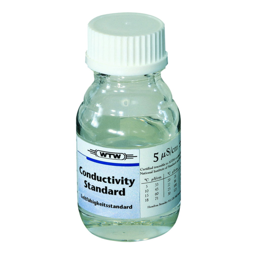conductivity standaard, oplossing voor elektrolyten, kalibratiestandaard, lab reagent, glasfles