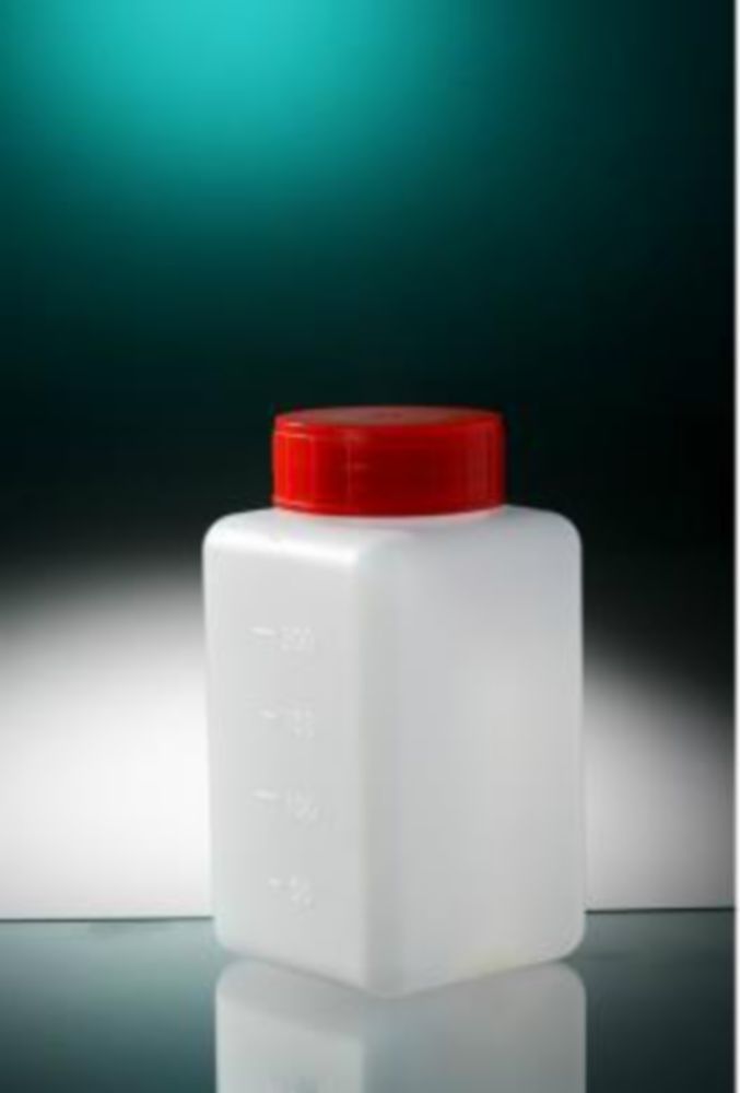 Fles 250 ml, HDPE, Vierkant, Ø 37 mm, Wijdmonds, Wit, Gemonteerd, met rode dop, lekvrije schroefdop,