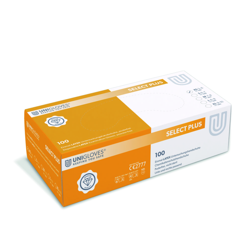 Handschoenen, Latex, maat XS, lengte 240 mm, Select Plus, poedervrij, naturel