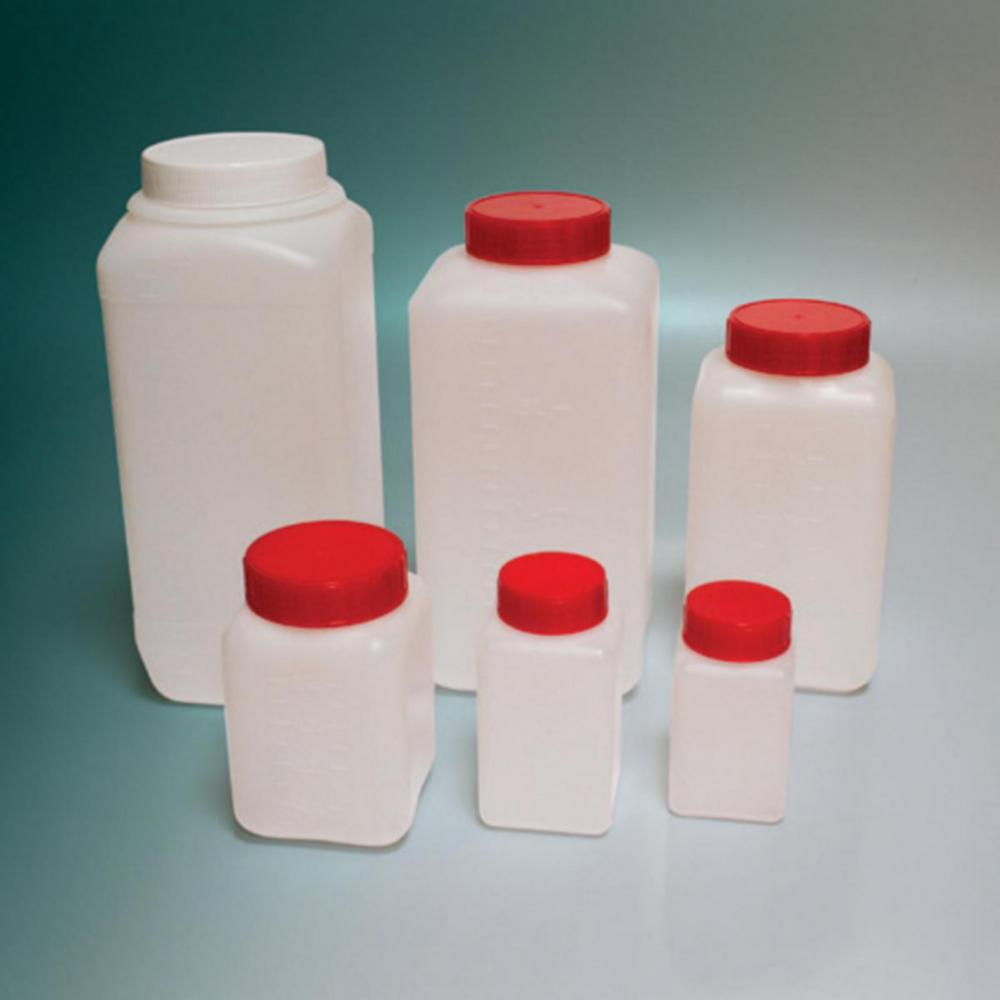 Fles 1000 ml, HDPE, Ø 58 mm, Vierkant, Wijdmonds, Gemonteerd, met rode dop, Steriel