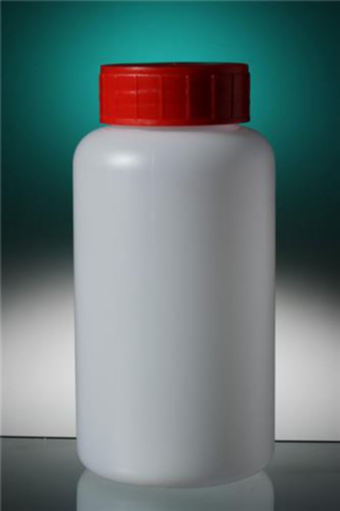 Fles 250 ml, HDPE, Ø 37 mm, Rond, Gemonteerd, met rode dop verzegeld, Steriel