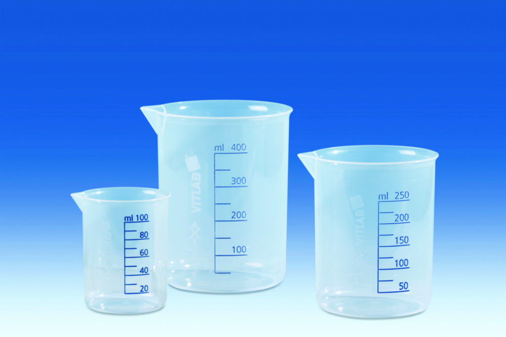 Bekerglas 250:25 ml, PP  95 mm, Ø 77 mm, blauw grad.