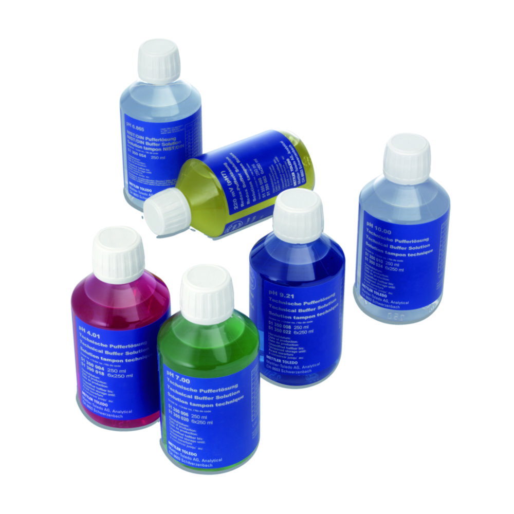 oplossing buffer, pH-oplossing, vloeistoffen flessen, lab reagentia, bufferoplossing