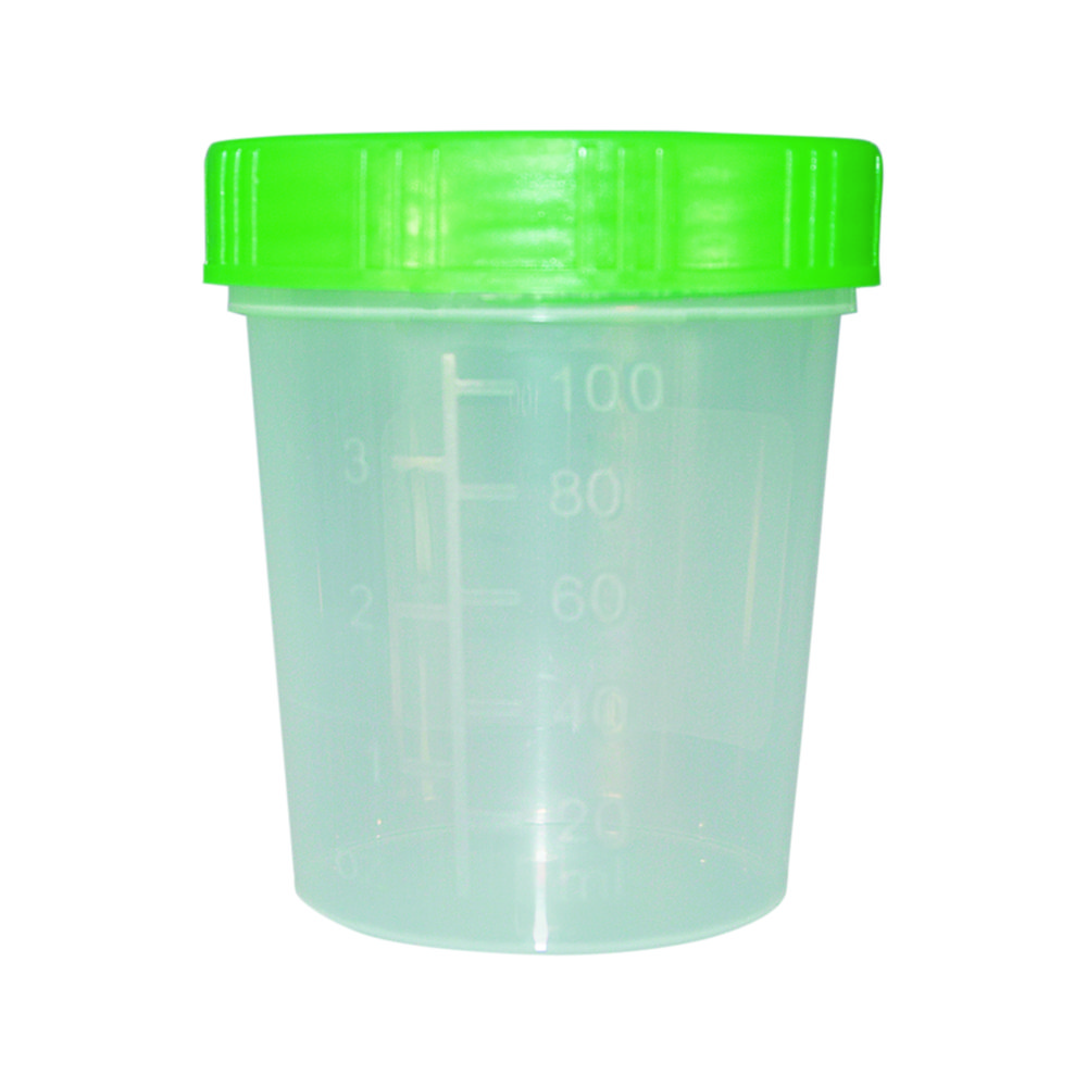 Container 125 ml, PP, wijdhals, groene schroefdop (Urinecontainer, Urinebeker)