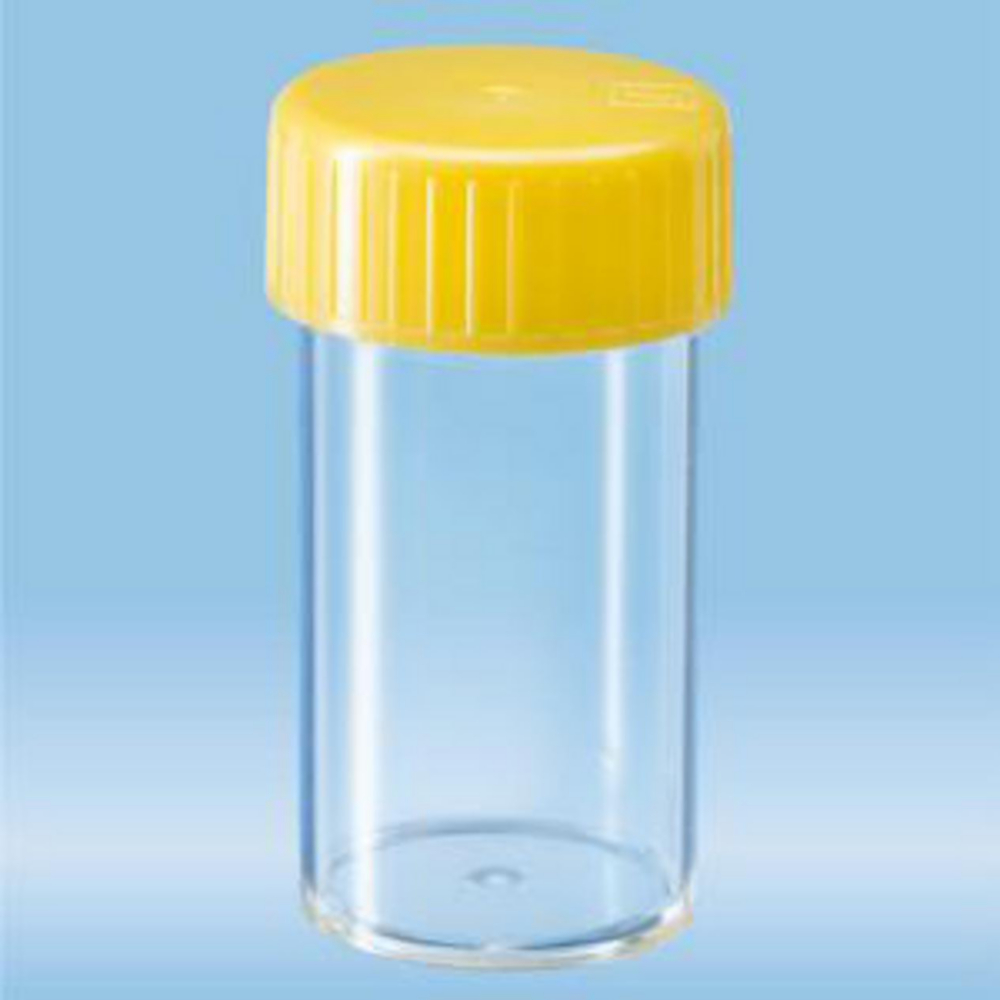 Buis 25 ml, PS, vlakke bodem  54x27 mm, met gele dop