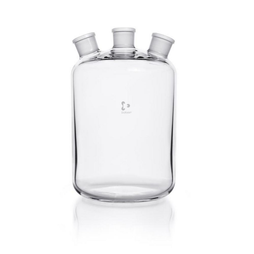 Fles 5L, Woulffse fles, BORO 3.3, Drie geslepen halzen, Helder, NS34/35, met dop