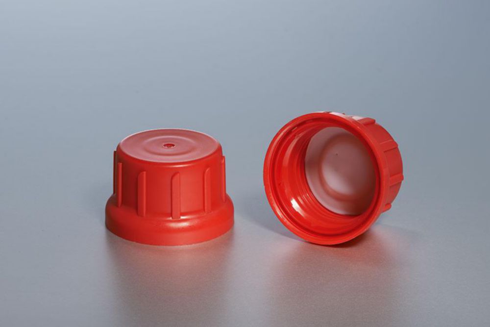 Schroefdop GL45 m. ontluchting  verzegelb.,rood,m. PTFE inl.