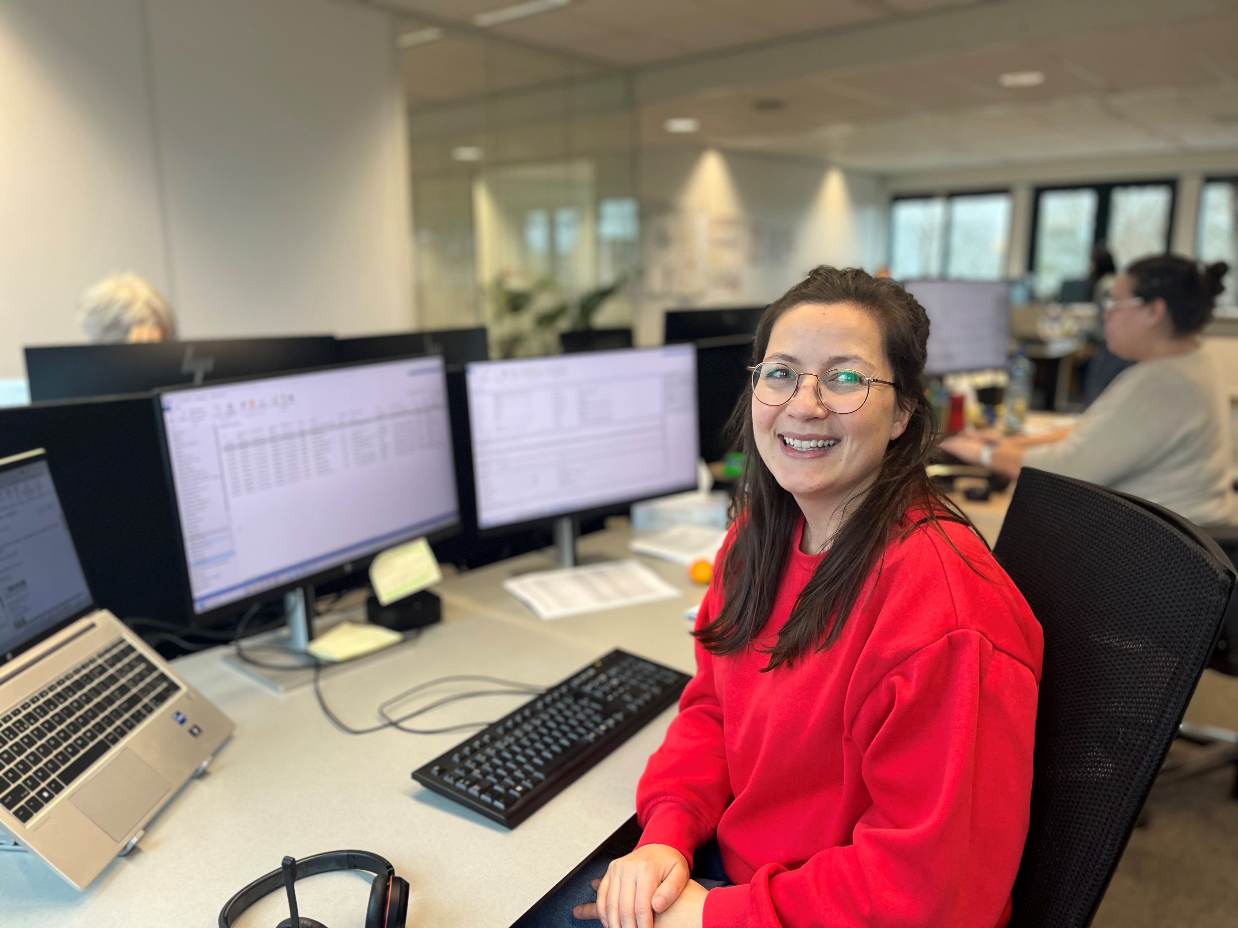 kantoor, medewerker, computer, bureau, rode trui