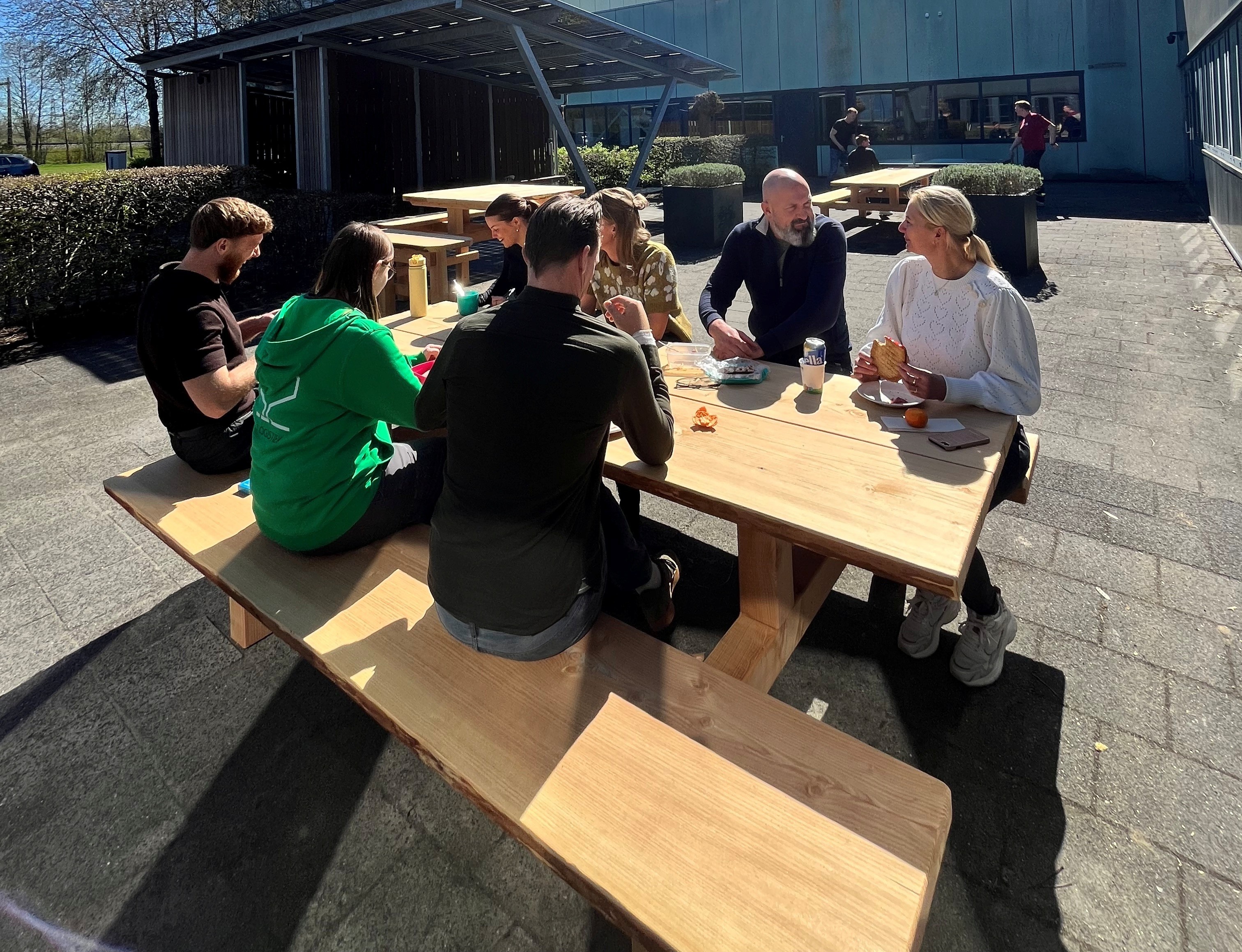 outdoor picnic, houten tafel, groep samenkomst, casual kleding, zonnige dag