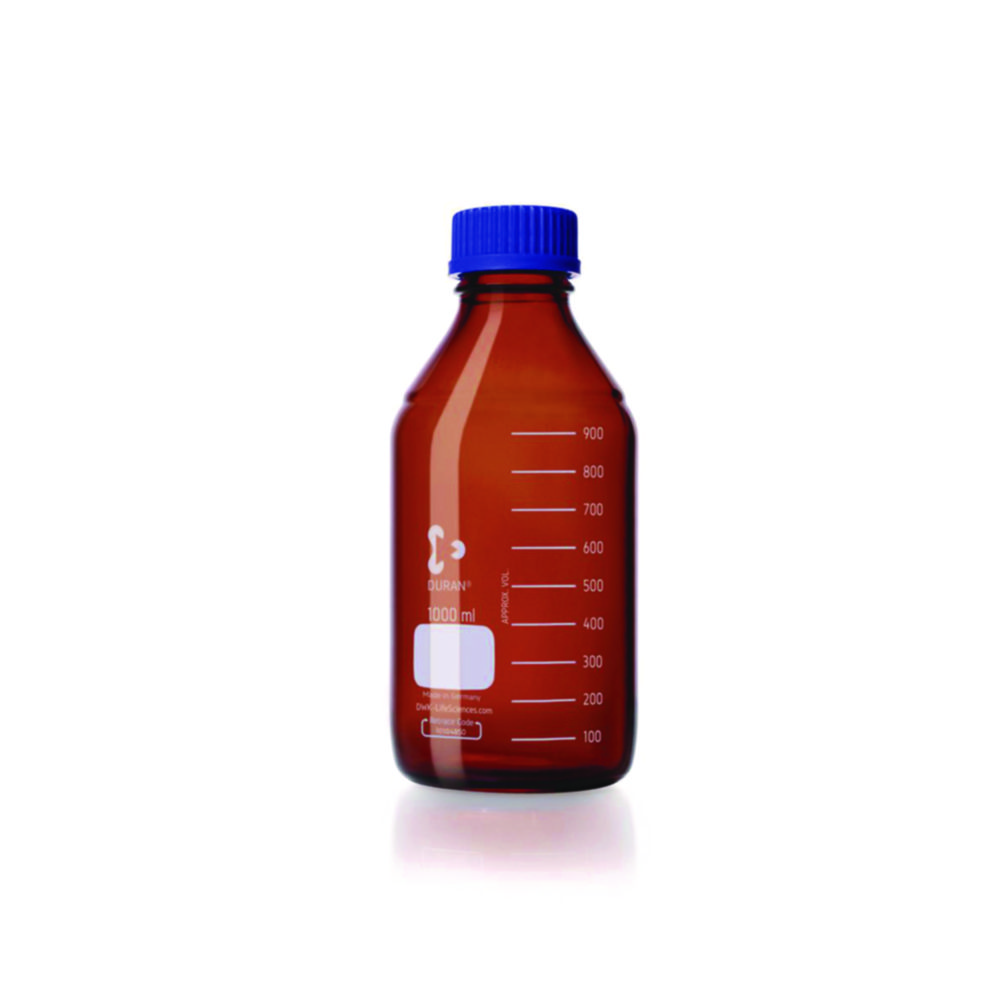 Laboratoriumfles, Duran, 1000 ml, bruin, met schroefdop GL 45 en schenkring