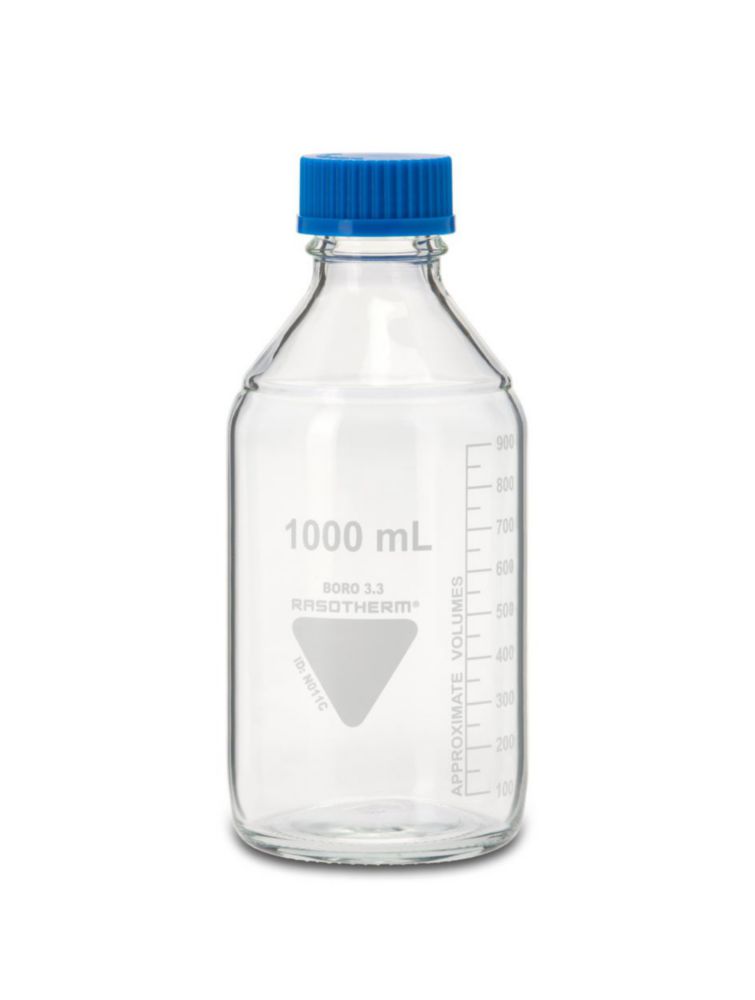 Fles 1000 ml, Boro. 3.3, GL45  schenkring, PP dop, gegrad.