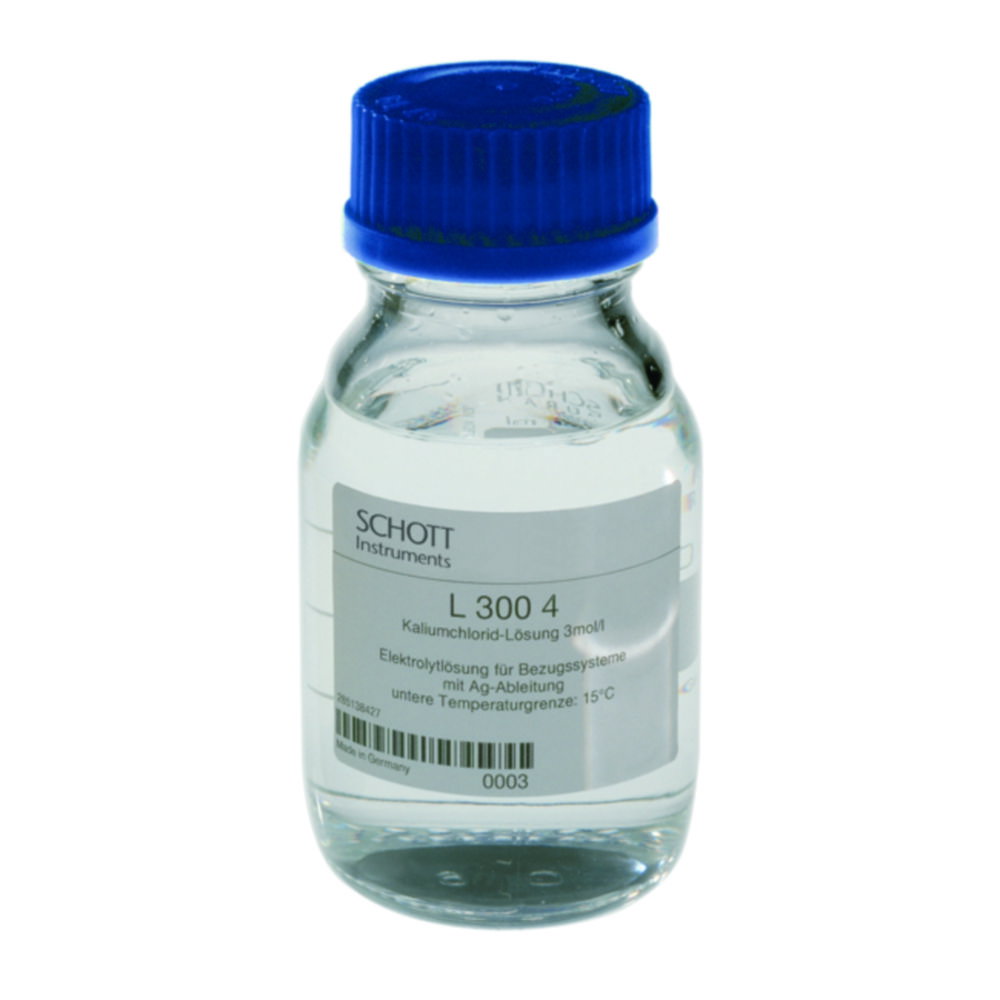 fles, oplossing, etiketfles, blauwe dop, Schott L 3004
