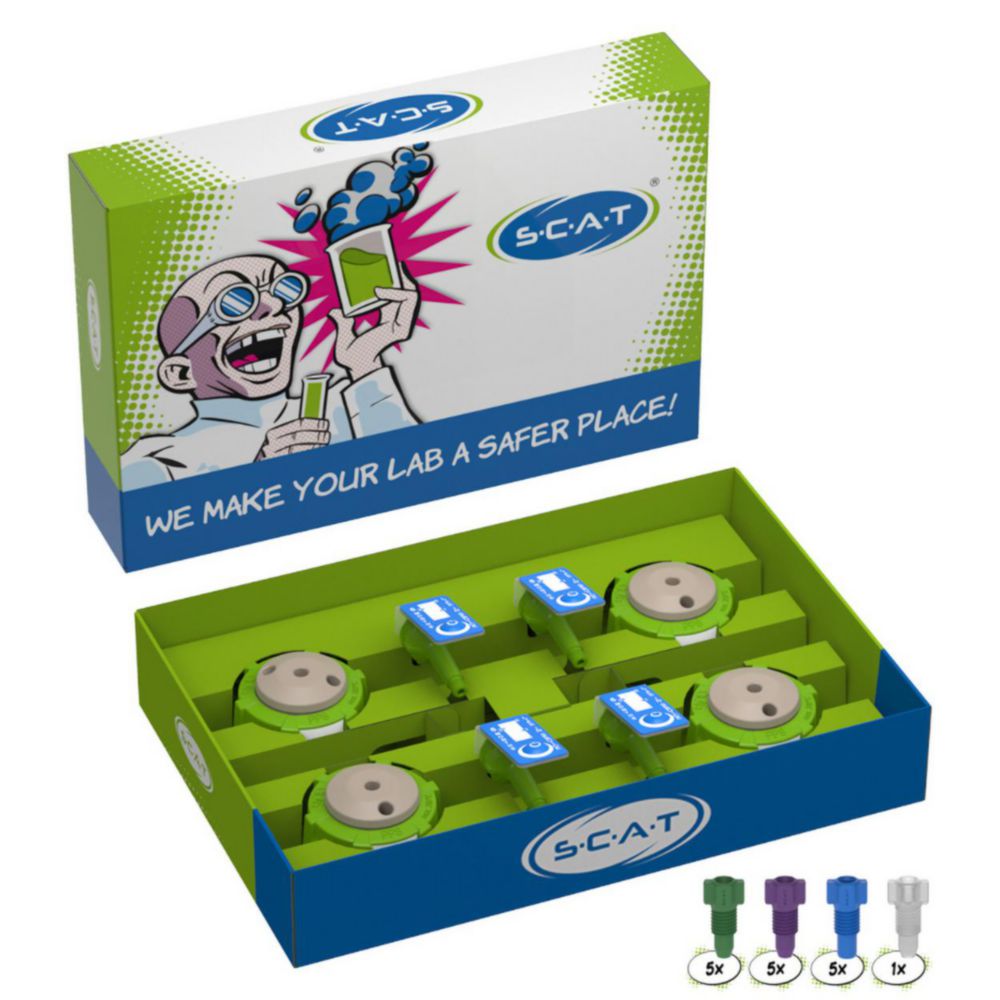 laboratorium-benodigdheden, plaatjes, groene houder, blauwe connectoren, meerstuks verpakking