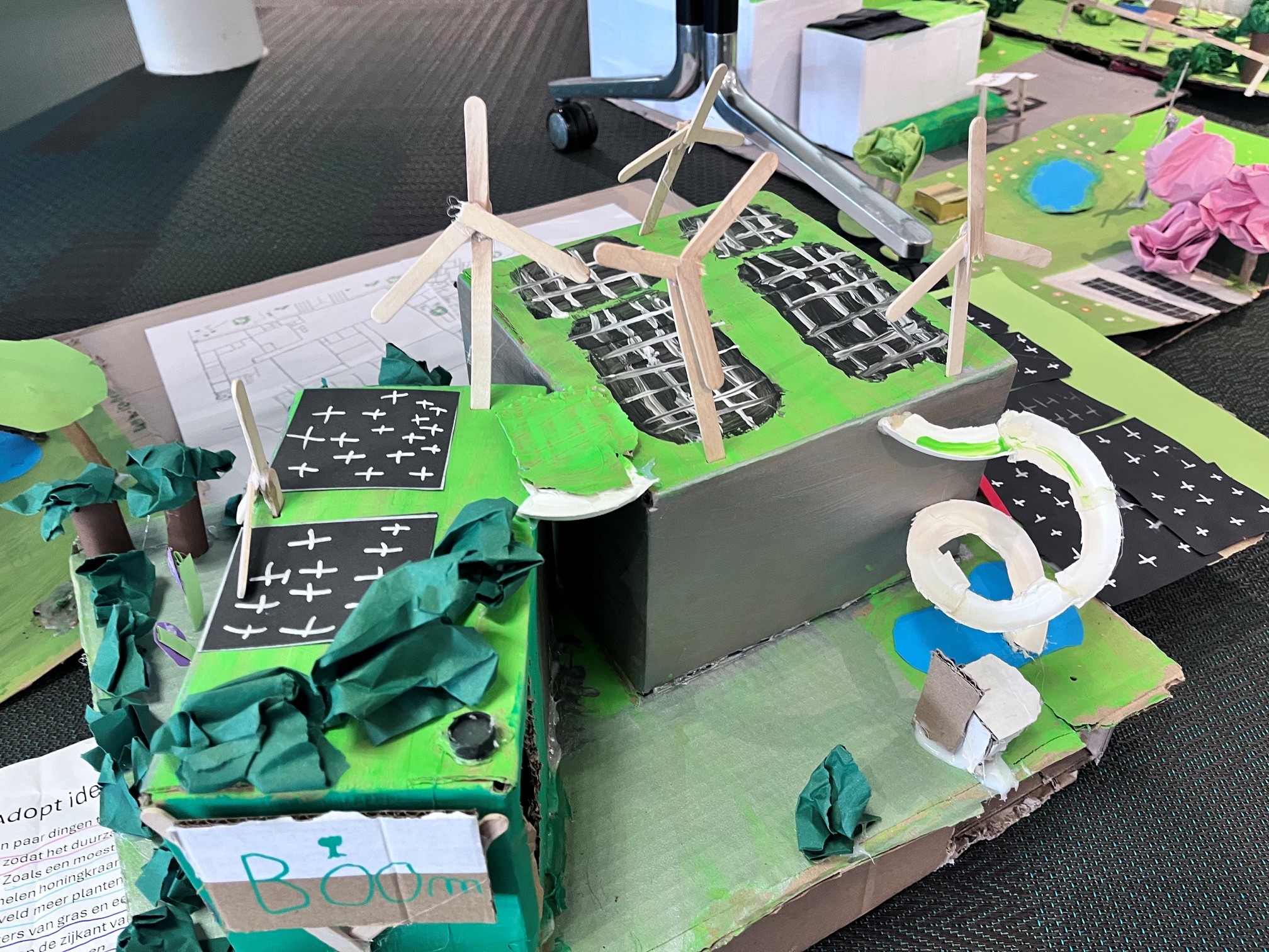 karton, model, groen, windturbine, kunstproject
