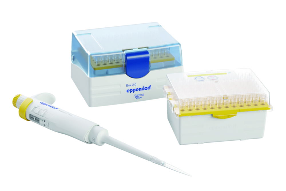 Pipet Research 3 neo 1-kan, variabel 1-20 µL, geel, incl. tips